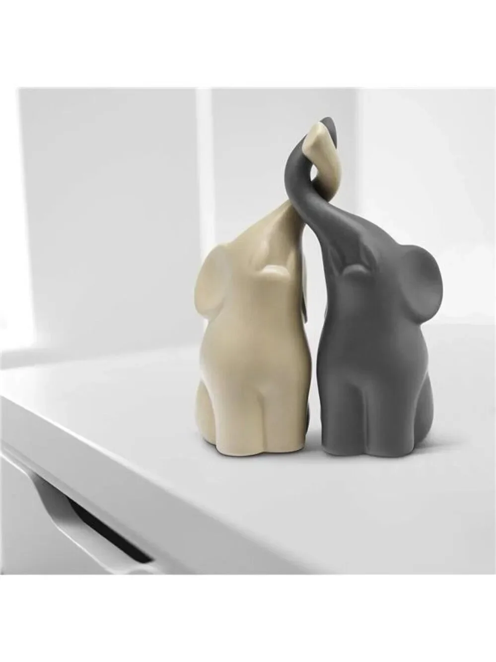 Ceramic Elephant Figurine Set Beige Grey Love Decor Gift for Her Home Table